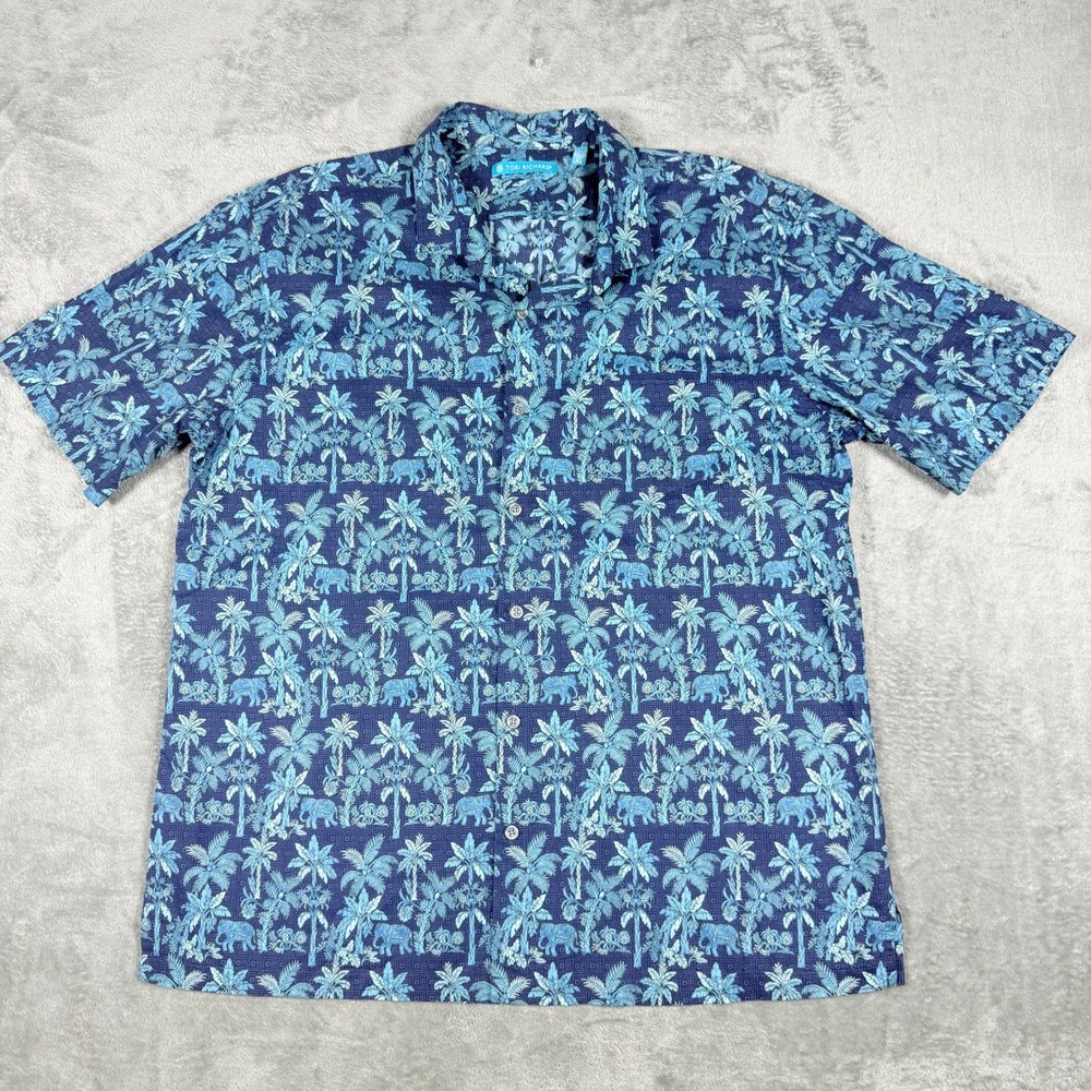 Tori Richard Mens XL Button Up Shirt Blue Tropical Elephant Palm Cotton Hawaii